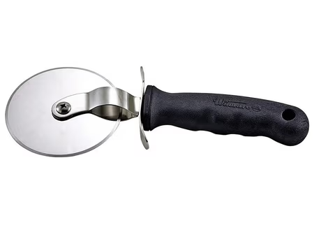 Stainless steel pizza cutter with a sharp circular blade and black ergonomic handle, designed for slicing pizza, flatbreads, or dough.