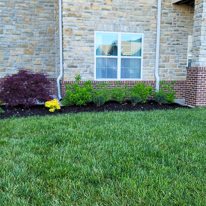 Green grass and freshly planted flower beds outside the community.